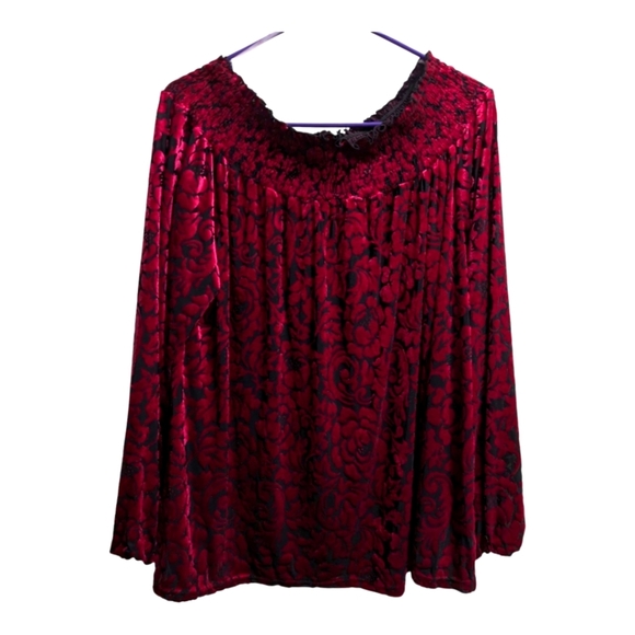 Cato Burnout Red Velvet Blouse Floral - Picture 1 of 6